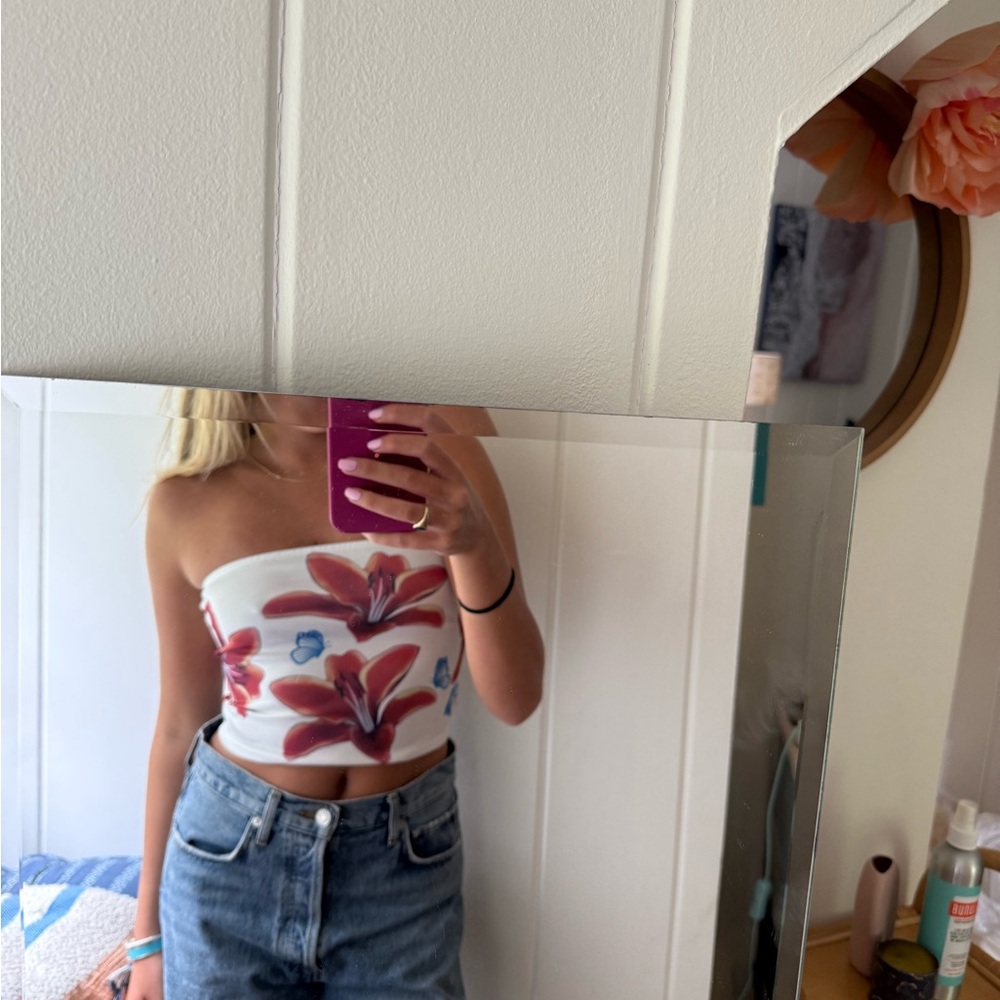 Floral Strapless Top - Red and White